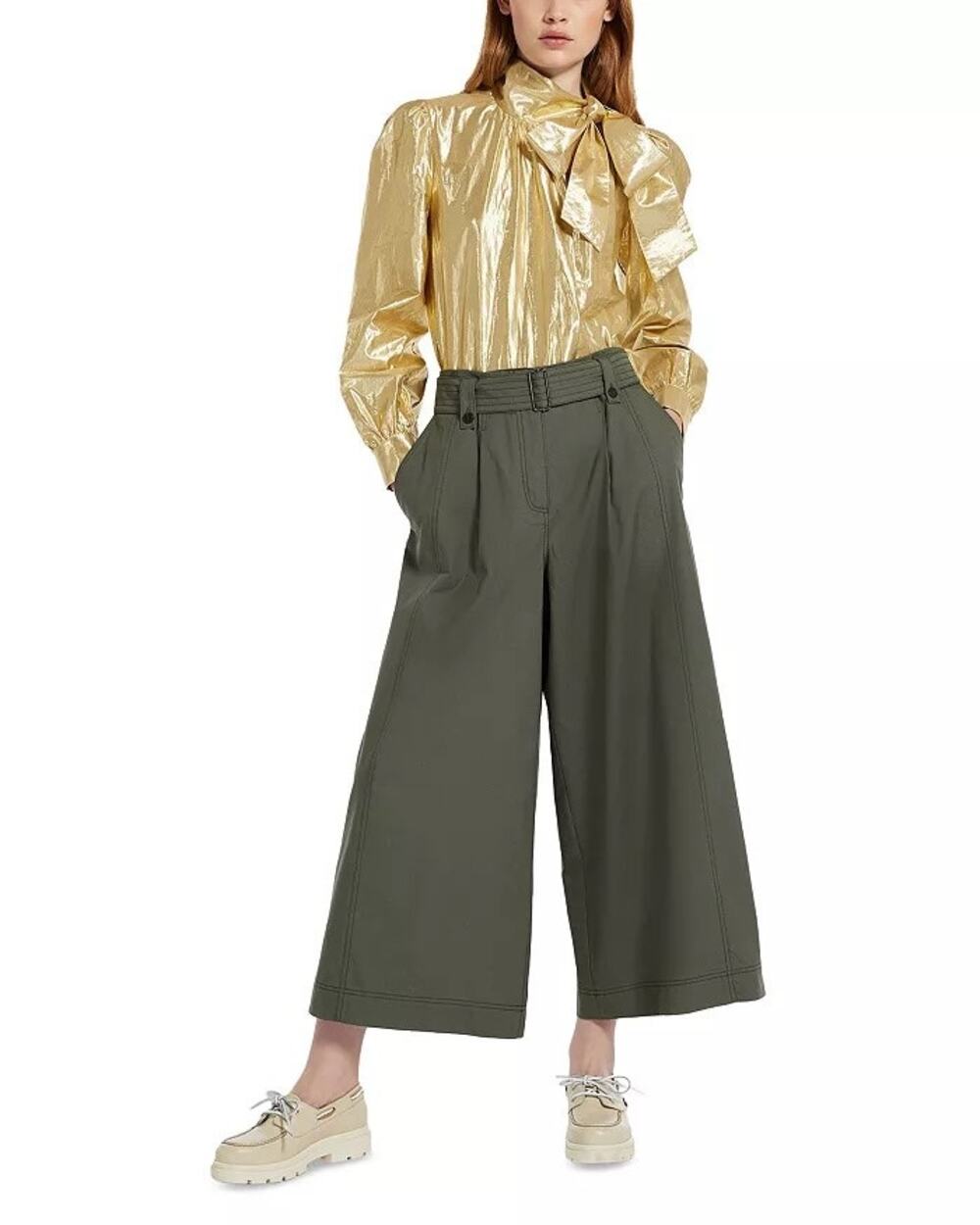 Max Mara Weekend Recco Wide Leg Pants Green Size 12 IT 46 Belted Culotte Ankle